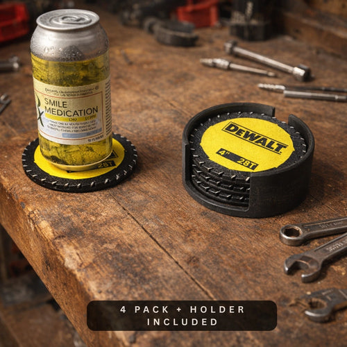 DeWalt Style Coaster Set (4 Pack) with Holder – 3D Printed Garage & Workshop Decor